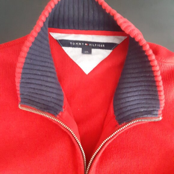 Tommy Hilfiger SZ L Red Full Zip Cotton Mock Turtleneck Cardigan w/ Navy Stripes - Picture 2 of 16
